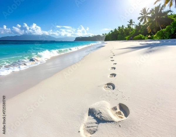 Fototapeta Footprints on a pristine white sandy beach leading to the turquoise ocean, surrounded by tropical palm trees under a bright blue sky. Perfect for travel, vacation, and nature concepts.