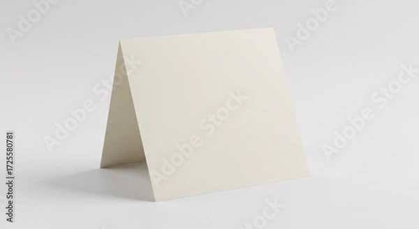 Fototapeta Blank ivory tent card standing upright on a white surface, a clean and elegant template for a wedding invitation or menu mockup