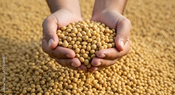Fototapeta A Farmer's Hands Cupped and Overflowing with Freshly Harvested Golden Soybeans