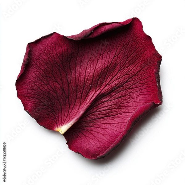 Fototapeta Delicate single red rose petal isolated on white background. This romantic close up view reveals intricate veins and texture, beautiful symbol of fragile love and passion
