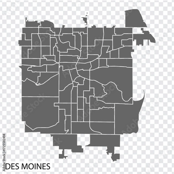 Fototapeta High Quality map Des Moines is a city  of United States, with borders of the districts. Map Des Moines of Iowa for your web site design, app, UI. EPS10.