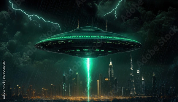 Fototapeta Ominous green UFO spaceship hovers over city during dark, stormy night with lightning. powerful beam of light from alien craft signifies dramatic invasion