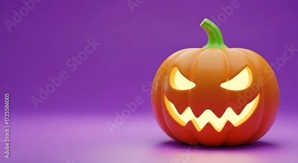Fototapeta Scary jack o lantern with glowing eyes and teeth on purple background