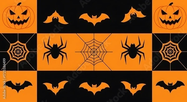 Fototapeta Halloween pattern with pumpkins bats spiders and spiderwebs on orange and black background