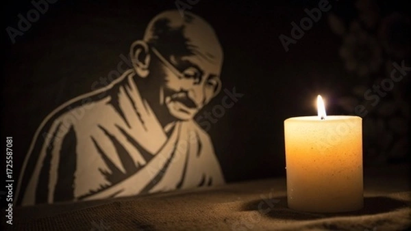 Fototapeta A burning candle glowing warmly beside portrait of Mahatma Gandhi in dark background