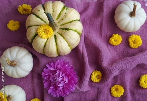 Obraz Autumn Harvest with Pumpkins and Flowers on Textured Fabric