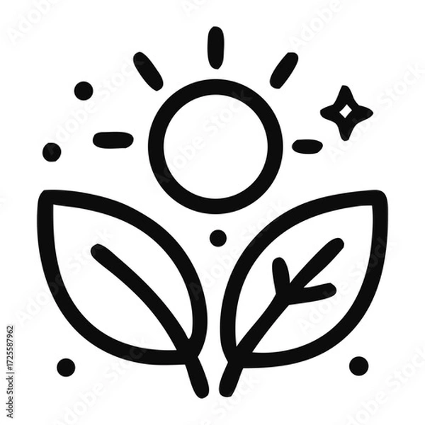 Obraz Leaves radiating from sun and sparkle, symbolizing growth. Ideal for ecofriendly business or wellness concepts. Green and natural themes.