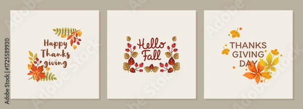 Fototapeta Autumn card set with a cute frame of autumn leaves and berries. Fall, Thanksgiving Day vector illustration