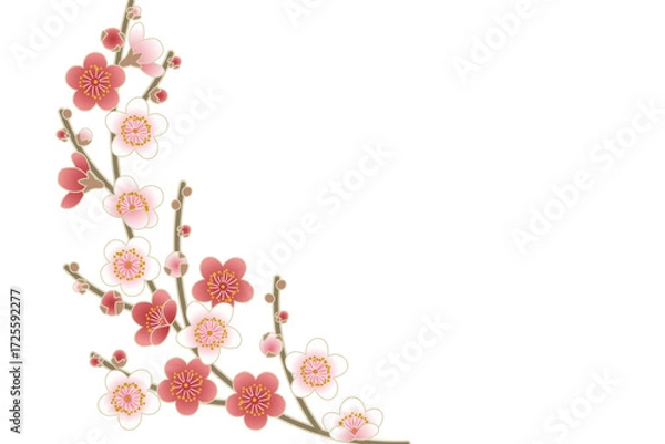 Fototapeta 華やかに咲く梅の花の枝と蕾の和風ベクターイラスト｜梅の花, 梅の枝, 和柄, 花柄, 和風, 春, フラワーデザイン, 紅梅,白梅, 自然, 季節の花