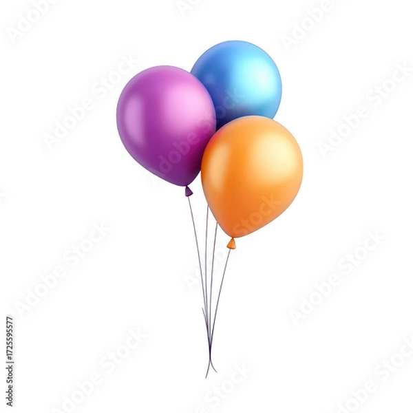 Obraz A arrangement of three helium balloons in purple. blue. and orange colors. floating gracefully against a clean white background. perfect for celebrations and festive occasions