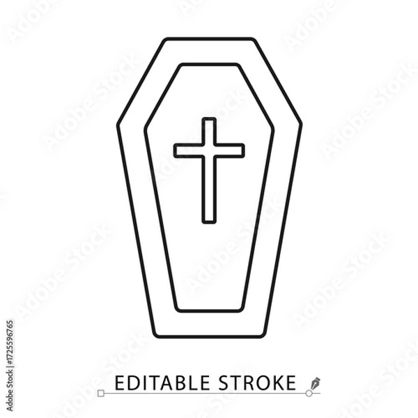 Fototapeta A coffin icon in minimalist style with editable stroke. Halloween element, gothic symbol, spooky decoration, horror theme, funeral design, death concept, cemetery detail, outline illustration.
