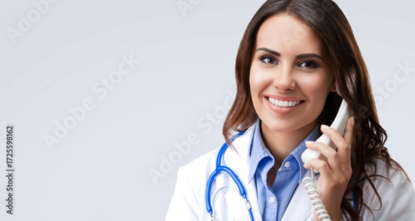 Fototapeta Portrait image of happy smiling cute female doctor on phone, isolated  against grey gray wall background with free text space. Medical call center concept.
