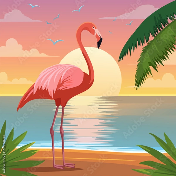 Fototapeta Sunset on the seashore.Vector illustration of a pink flamingo against the backdrop of a sunset on the seashore.