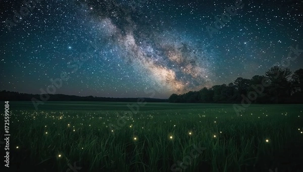 Fototapeta A vast field of grass at night, illuminated by fireflies, under a breathtaking Milky Way sky.