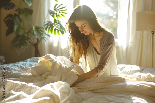 Fototapeta Morning Serenity: A young woman finds a moment of tranquility as she sits on her bed, bathed in the soft light of the morning sun. with sheets in hand and serene expression.