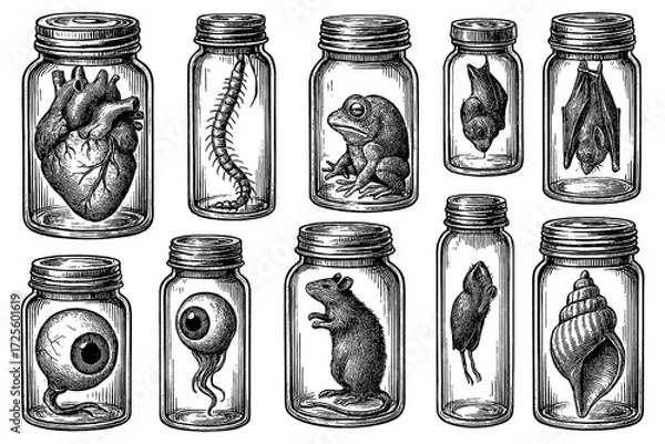 Fototapeta Vintage specimen jars with snake skull insects reptiles and preserved curiosities, Transparent Background