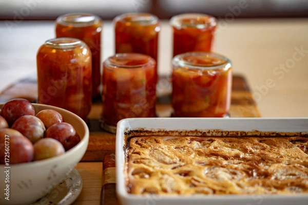 Fototapeta Fresh plumbs, plumb jam and plumb dessert from the oven