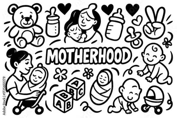 Obraz Motherhood doodle icons set with baby and family care symbols, Transparent Background