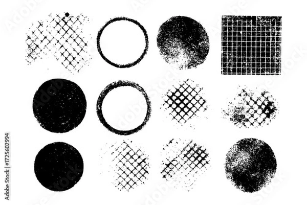 Fototapeta Grunge circle textures set with distressed stamp and halftone effect, Transparent Background