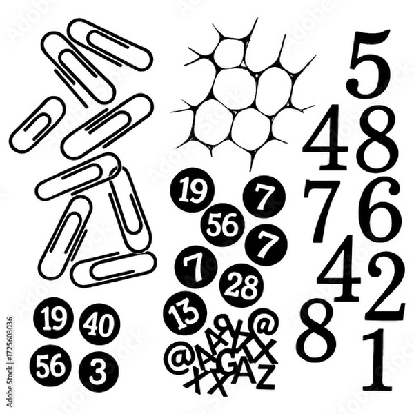 Fototapeta Mixed graphic elements set with numbers, paperclips, and abstract symbols, Transparent Background