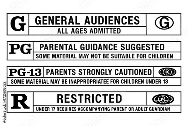 Fototapeta Movie rating labels set with parental guidance and restricted categories, Transparent Background