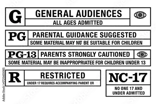 Fototapeta Movie rating labels set with parental guidance and restricted categories, Transparent Background