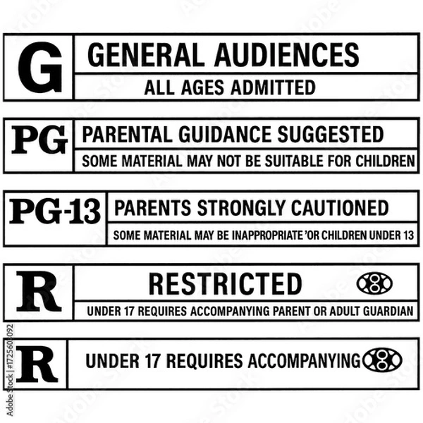 Fototapeta Movie rating labels set with parental guidance and restricted categories, Transparent Background