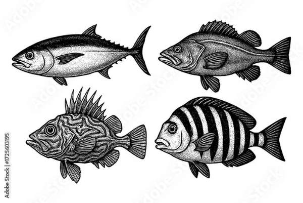 Fototapeta Vintage engraved fish illustrations set with detailed etching style, Transparent Background