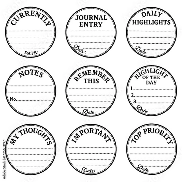 Fototapeta Circular note labels set with journal and reminder text templates, Transparent Background