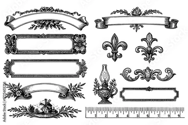 Fototapeta Ornamental vintage frames and decorative border elements set, Transparent Background