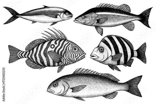 Fototapeta Vintage engraved fish illustrations set with detailed etching style, Transparent Background