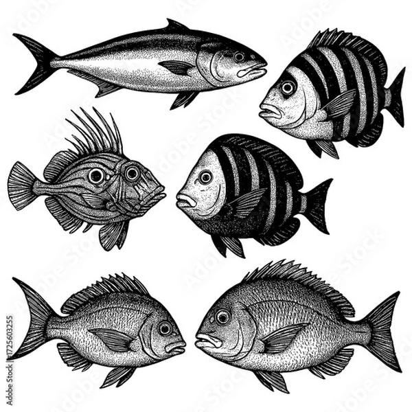 Fototapeta Vintage engraved fish illustrations set with detailed etching style, Transparent Background