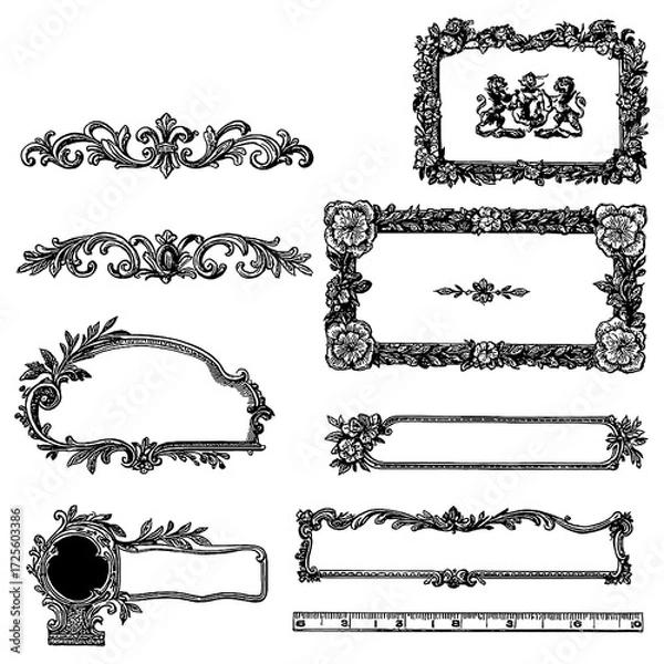Fototapeta Ornamental vintage frames and decorative border elements set, Transparent Background