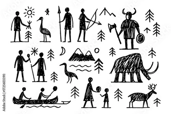 Fototapeta Prehistoric hunting and animal figures in cave art drawing style, Transparent Background