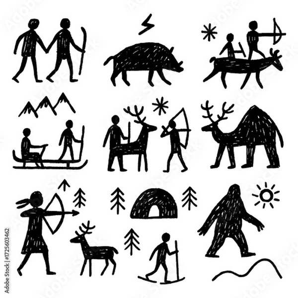 Fototapeta Prehistoric hunting and animal figures in cave art drawing style, Transparent Background