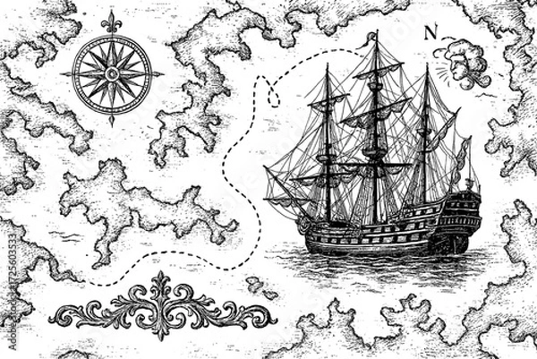 Fototapeta Vintage nautical map with sailing ships and compass rose in engraving style, Transparent Background