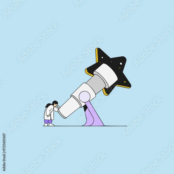 Fototapeta Inspiring cartoon of a scientist gazing through a star-shaped telescope, ready for exploration, discovery, and the wonders of science and astronomy