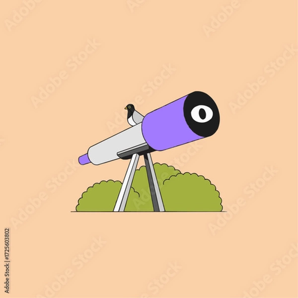 Fototapeta Whimsical scene with a bird perched on a telescope, perfect for educational materials or children's illustrations, exploring astronomy and nature together