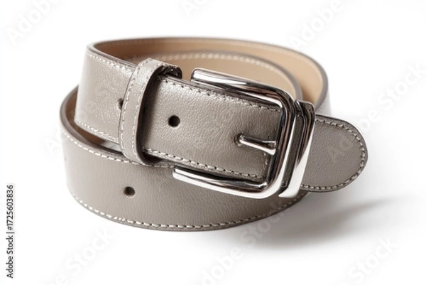Fototapeta A coiled grey leather belt with a prominent silver buckle sits on a white surface casting a soft shadow