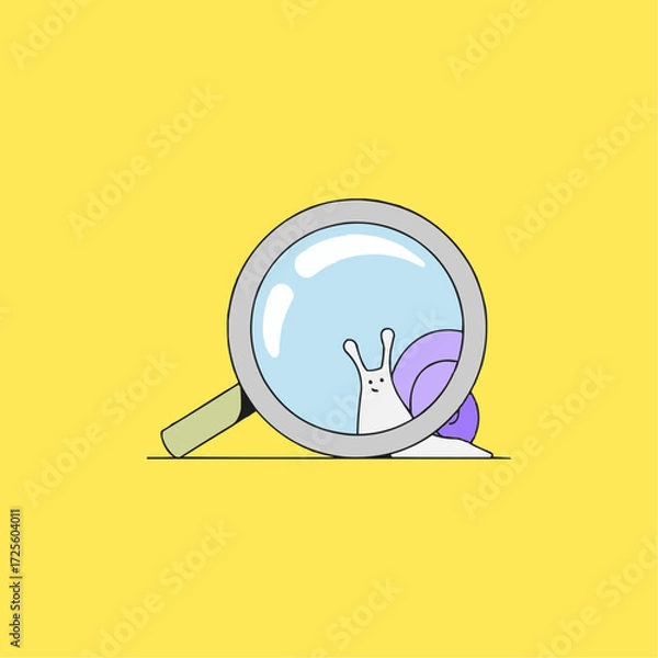 Fototapeta Curious snail under magnified view, a whimsical and playful illustration, perfect for children's books, educational materials and fun projects, vector art
