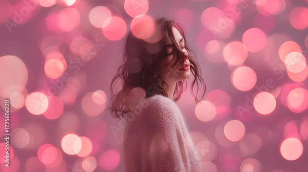 Fototapeta dreamy surreal scene of a person with floating pink pastel bokeh lights and soft romantic glow
