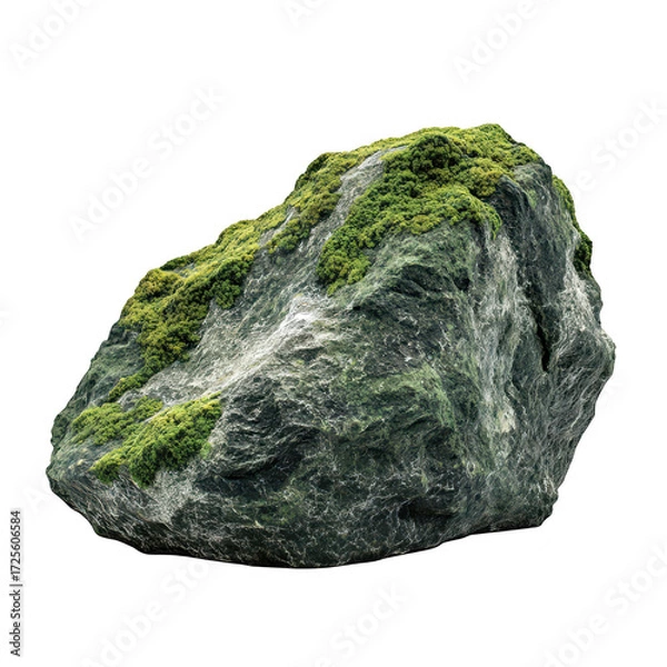 Obraz A large. weathered rock covered in green moss sits prominently in a serene outdoor setting. surrounded by soft grass and distant trees. suggesting tranquility and natural beauty