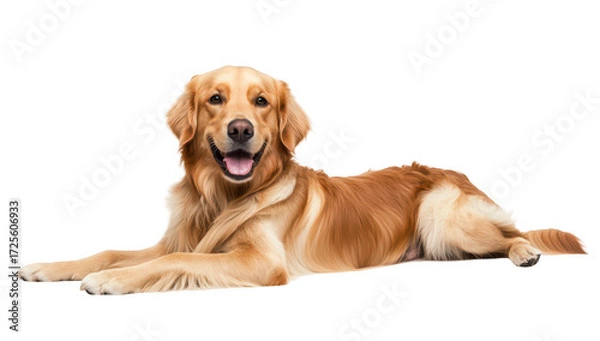 Obraz A cheerful golden retriever lying on a clean white background. its shiny coat and friendly expression. perfect for pet-related content or advertising