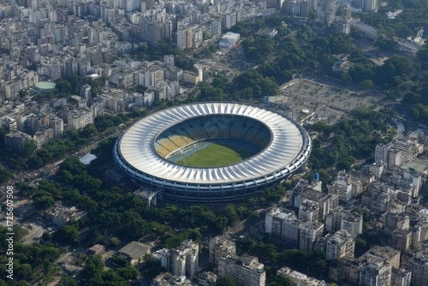 Fototapeta Aerial view of a large stadium surrounded by buildings and trees
