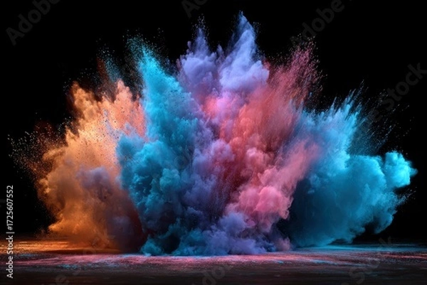 Fototapeta Explosive cloud of vibrant orange blue purple and pink powder against a dark backdrop with a textured surface below