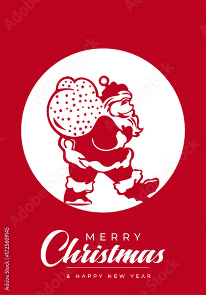 Fototapeta A festive Christmas card featuring Santa Claus carrying a large gift bag against a bold red background and a white circle spotlight, with the words 'Merry Christmas' for a warm holiday vibe