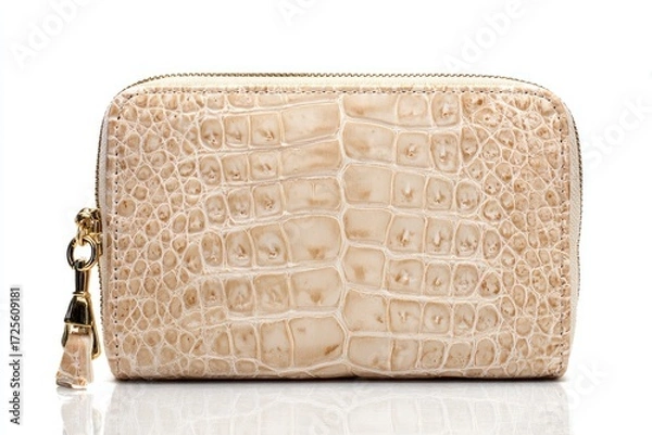 Fototapeta A beige crocodileskin purse with a gold zipper rests on a reflective surface