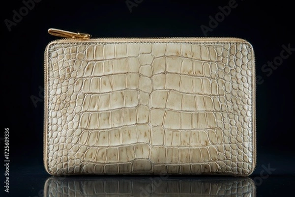 Fototapeta A textured beige crocodilepatterned wallet with a gold zipper is presented against a dark backdrop