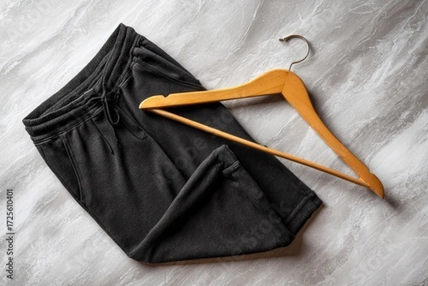 Fototapeta Gray sweatpants lie with a wooden hanger on a marble surface illuminated by natural light
