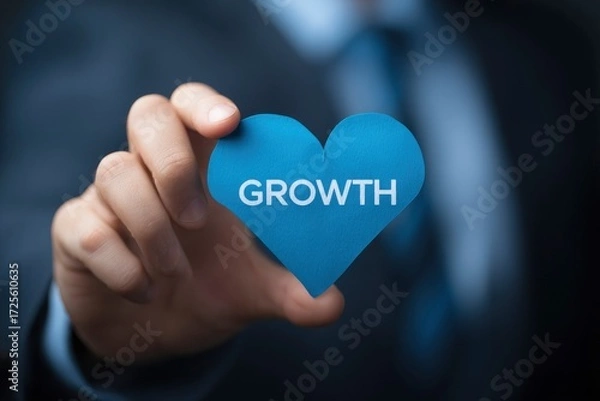 Fototapeta A person in a suit holds a blue heartshaped paper with the word GROWTH written on it